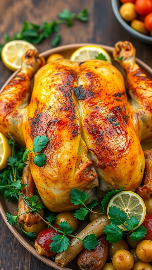 A golden roasted chicken garnished with herbs and lemon wedges on a rustic table.